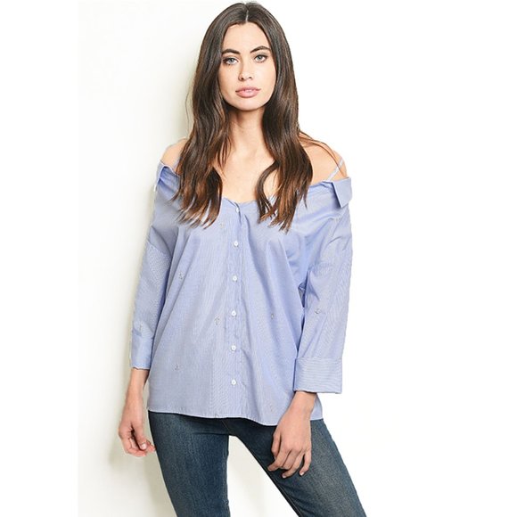 Embroidered Off Shoulder Straps Striped Poplin Top - Picture 8 of 9